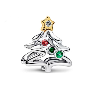 Silberner Weihnachtsbaum-Anhänger mit Goldstern und bunten Edelsteinen für Armbänder