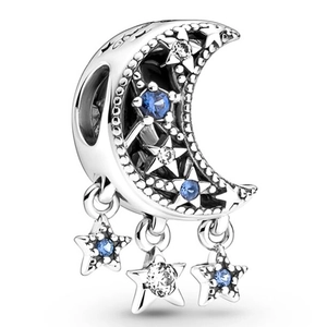 S925 silver crescent moon and stars charm with blue zircons for jewelry making