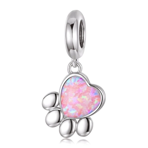 Silver heart pendant with pink opal cat paw design and polished metal finish