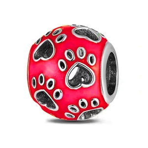 DIY red enamel bead charm with silver heart paw prints for cartoon style jewelry