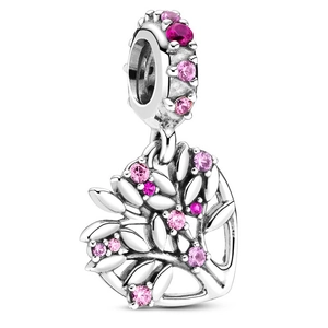 S925 silver Tree of Life charm pendant with pink cubic zirconia stones on white background