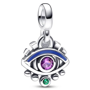 Polished silver evil eye charm with purple gemstone and blue enamel detail on white background