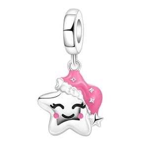 Lächelnde Sternperle mit rosa Emaille-Hut für Charm-Armbänder und Ketten