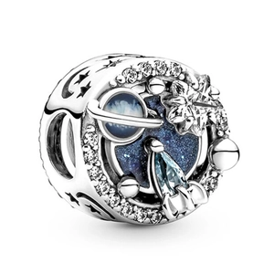 Celestial blue enamel bead with space shuttle and star charms in silver finish