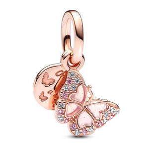 Pendentif papillon en or rose avec émail rose et pierres en zircone brillantes