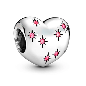 Sparkling heart charm in S925 silver finish with pink crystals and star-shaped patterns