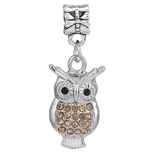 Vintage silver owl charm with yellow rhinestones and black stone eyes for DIY bracelets