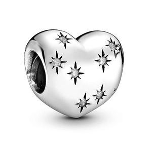 Polished silver heart bead with star-shaped cubic zirconia stones for DIY jewelry