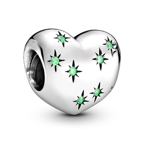 Silver heart charm with green star-shaped crystals for DIY necklace and bracelet