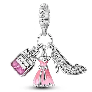 Silver charm pendant featuring a pink perfume bottle, dress, and high heel shoe with zircon