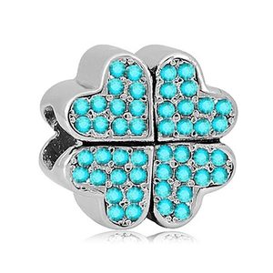 Polished silver four-leaf clover charm with light blue pavé-set crystals for DIY bracelets
