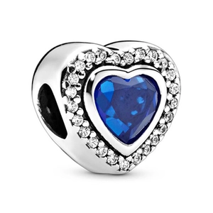 Abalorio de corazón plateado con cristal azul y circonitas para pulseras DIY
