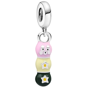 DIY charm jewelry featuring a pink, yellow, and green cartoon donut bead in silver
