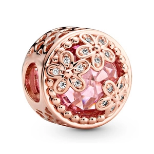 Rose gold daisy charm with pink faceted crystal and floral openwork for DIY bracelets