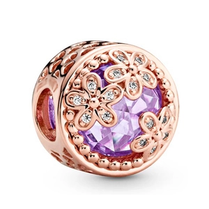 Rose gold daisy charm featuring a faceted purple crystal and sparkling zircon accents