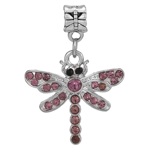 Silver dragonfly charm bead with pink crystals and large hanging loop for DIY bracelets