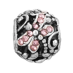 Vintage silver hollow charm with pink rhinestones for DIY bracelets and jewelry