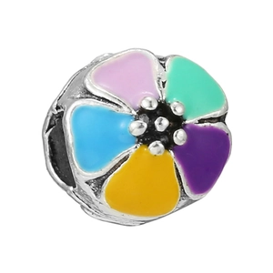 Silver bead charm with colorful five-petal enamel flowers for DIY jewelry making