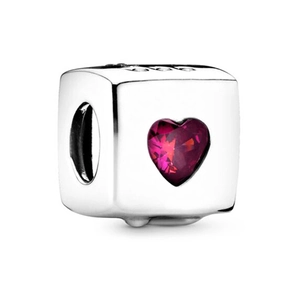 Silver cube charm with heart-shaped red crystal inlay for DIY charm bracelets
