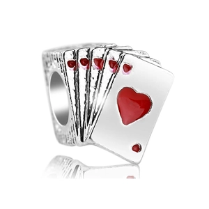 Pandora style poker card charm with red hearts in silver finish for DIY bracelets
