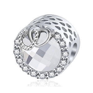 Silver cylinder bead charm with hollow honeycomb design and sparkling heart accents
