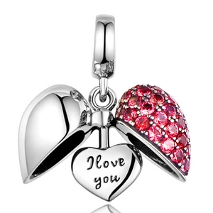 Silver heart locket pendant with pink crystals and I love you engraving inside