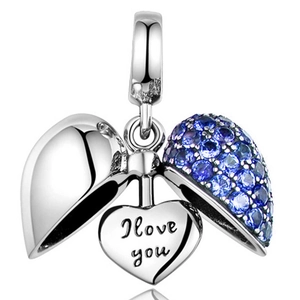 Silver romantic heart locket pendant with blue zircon stones and I love you engraving