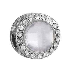 Silver plated DIY charm bead with large clear zircon and intricate hollow side carving