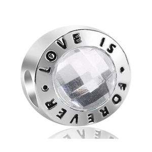 Silver bead charm with sparkling diamond-cut gemstone and Love Is Forever engraving
