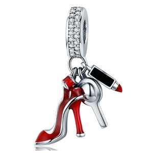 Silver charm featuring red high heel, mirror, and lipstick pendants for DIY bracelets