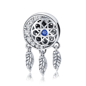 Sparkling silver dreamcatcher charm with blue zircon and feather pendants for bracelets