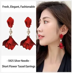 Long red petal flower tassel earrings with S925 silver needles and pearl accent