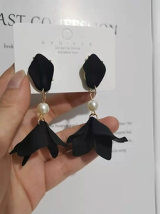Detail of elegant black floral pearl earrings with 925 silver posts shown on card