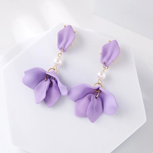 Elegant 925 silver needle drop earrings with lavender matte petals and a white faux pearl