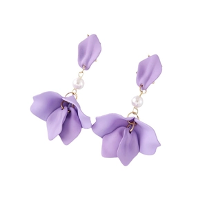 Elegant 925 silver needle drop earrings with purple petals and white pearls