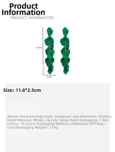 Detail view of long petal drop earrings in dark green with golden chains and dimensions