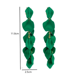 Detail view of long green flower petal drop earrings with size measurements of 11.8cm x 2.5cm