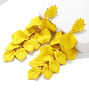 Long layered yellow petal drop earrings with matte finish and gold chain tassels