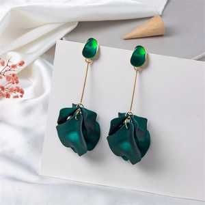Elegant vintage long petal drop earrings in dark green and gold with satin finish