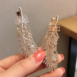 Handheld gold and silver feather hairpins set with sparkling rhinestones hair accessories