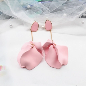 Elegant pink petal drop earrings with gold rod and 925 silver needle on pearl background