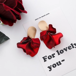 Elegant 925 silver needle red petal drop earrings with vintage gold matte metal finish
