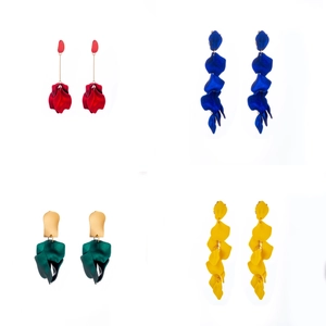 Elegant floral petal drop earrings in red, blue, green and yellow petal cluster designs