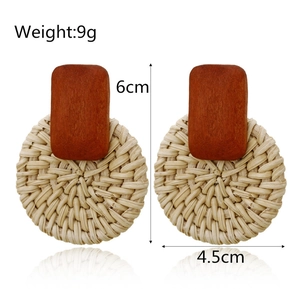 Bohemian geometric wooden and woven rattan earrings with product dimensions 6cm x 4.5cm
