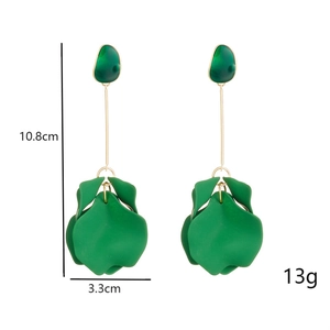 Detailed view of long green petal drop earrings with dimensions 10.8cm by 3.3cm