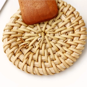 Retro geometric wood and rattan woven round drop earrings with natural handmade texture