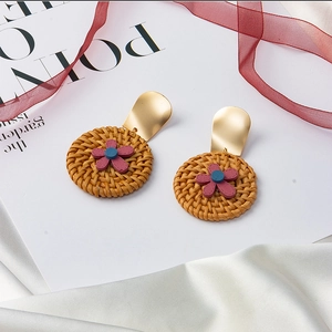 Retro handmade woven rattan flower earrings with gold plating in bohemian floral style