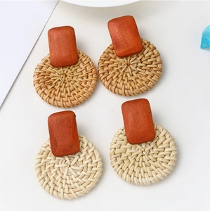 Bohemian Geometric Wood Rattan Handwoven Drop Earrings Vintage Ethnic Style Natural Fiber Artificial Pearl Dangle Earrings For Women