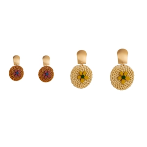 Bohemian rattan flower earrings with gold matte hoops and woven round pendants