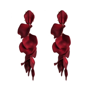 Elegant long dark red flower petal drop earrings with gold metal hooks and layered fabric